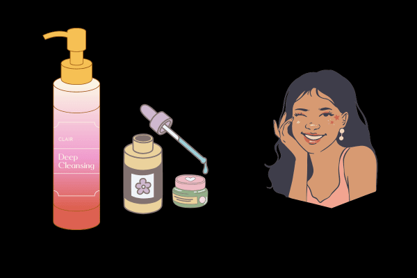 The image shows a digital illustration featuring skincare products and a woman's face. At the top, there is a pink and white bottle with a pump, labeled "Deep Cleansing." Below it, there's a smaller bottle with a dropper and a flower emblem. At the bottom of the image, a woman's face is depicted, smiling with a mole on her cheek. The illustration is set against a black background, and the overall style is clean and modern, resembling a design for a beauty or skincare brand.