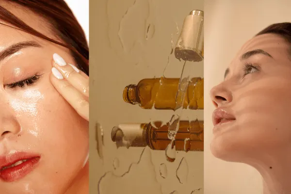 A woman is applying a cream to her face on the left, amber-colored serum bottles with droppers in the center, and a woman looking upwards with a clean, glowing complexion on the right.